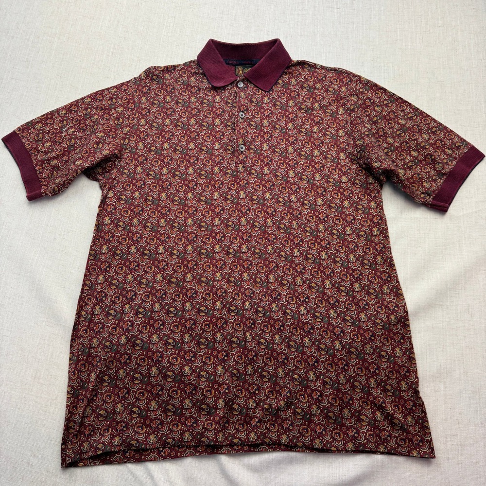 VTG Bobby Jones Polo Shirt Mens Med Burgundy Paisley Floral Made in Italy Luxury